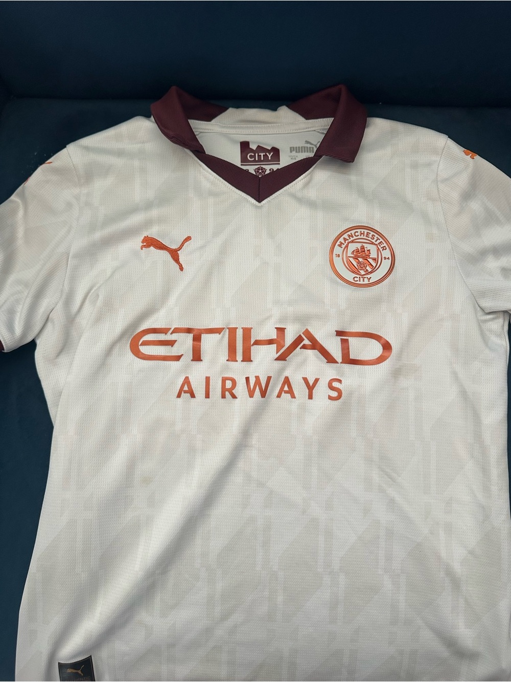 Manchester City Football Jersey— White & Maroon Accent